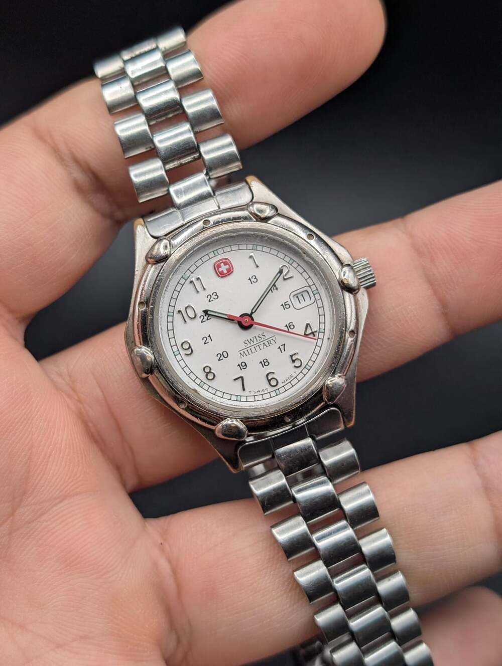 Vintage Swiss Military Silver Tone Quartz Ladies Watch, White Dial Link Bracelet